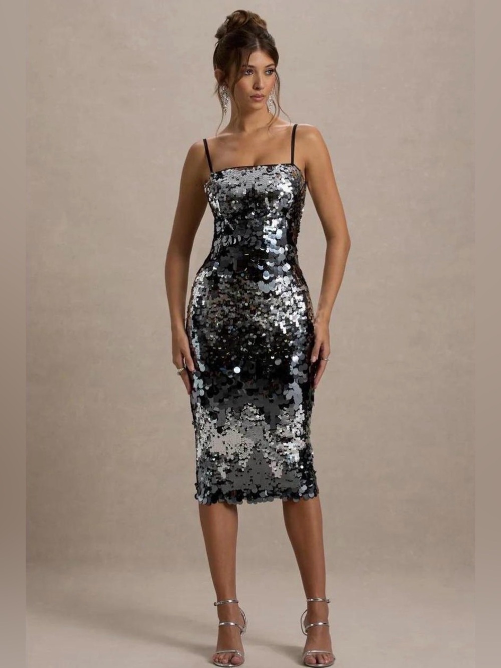 Avec Les Filles Sequin Adjustable Strap Midi Dress - Silver/Black 6